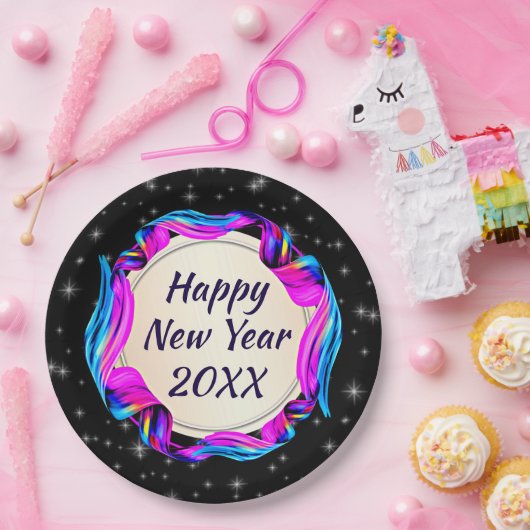 Angemalt Ribbon am nächtlichen Himmel Happy New Ye Pappteller (Party)