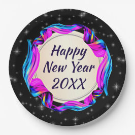 Angemalt Ribbon am nächtlichen Himmel Happy New Ye Pappteller