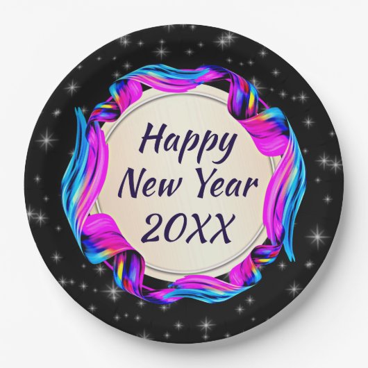 Angemalt Ribbon am nächtlichen Himmel Happy New Ye Pappteller (Vorderseite)