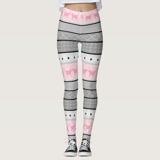 Angemessenes Insel-Katzen-Muster, Grau u. Rosa Leggings (Vorderseite)