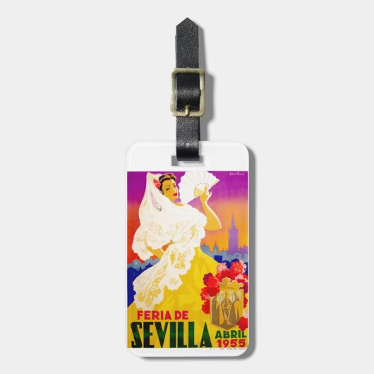 Angemessenes Plakat 1955 Spaniens Sevilla April Gepäckanhänger (Vorderseite vertikal)