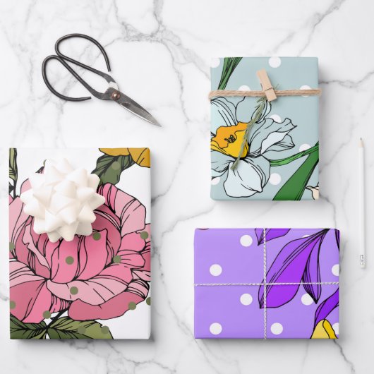 Angenehme handgezeichnete Blume Lila Blau Rosa Geschenkpapier Set (Vorderseite)
