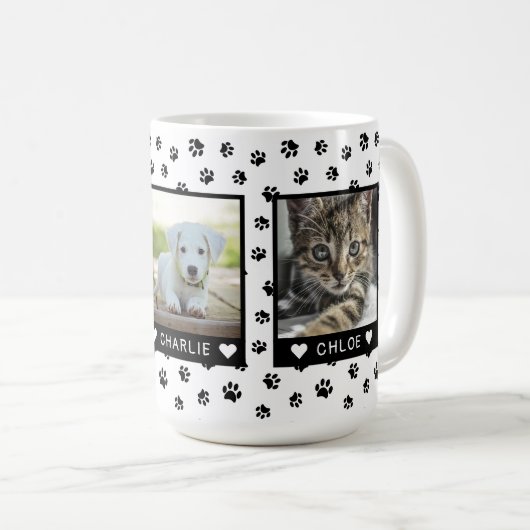 Angepasste drei Fotos mit Namen für schwarze Paw-P Kaffeetasse (VorderseiteRechts)