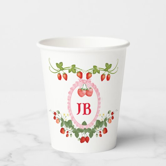 Angepasste Erdbeere Mit Monogramm Pappbecher (Rückseite)