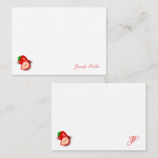Angepasste handgeschriebene Skriptmonogramm-Erdbee Mitteilungskarte (Vorne/Hinten)