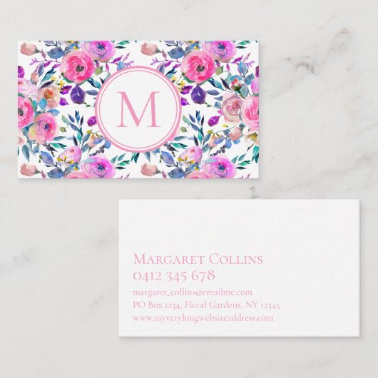 Angepasste Monogramm Rosa Blumenfarbe Visitenkarte (Vorne/Hinten)