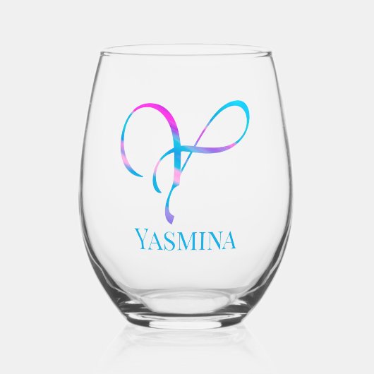 Angepasste Monogramm "Y" Name Abstrakt Spring Blue Weinglas Ohne Stiel (Vorderseite)