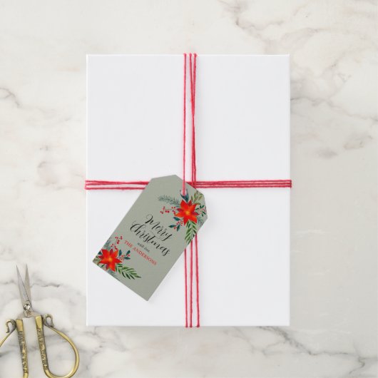 Angepasste Red Poinsettia Frohe Weihnachten Geschenkanhänger (Mit Garn)