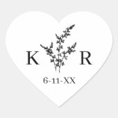 Angepasste Wedelmonogrammname Etched-Blume Herz-Aufkleber (Vorderseite)