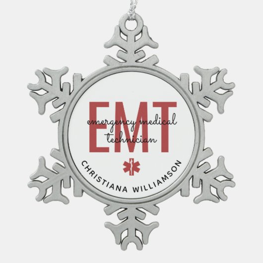 Angepasster EMT Mediziner Schneeflocken Zinn-Ornament (Vorderseite)