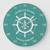 Angepasster Kapitän und Schiffsname Anker Türkis Große Wanduhr (Vorderseite)