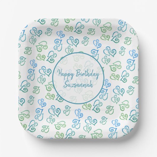 Angepasstes, blaues Herz-Muster über Weiß Pappteller (Vorderseite)