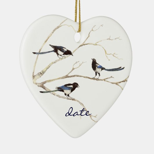 Angepasstes Datum, Familie Magpie, Vögel Keramik Ornament (Rechts)
