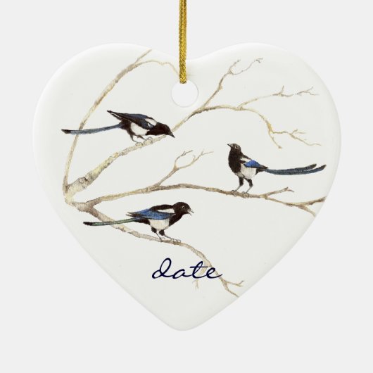 Angepasstes Datum, Familie Magpie, Vögel Keramik Ornament (Hinten)