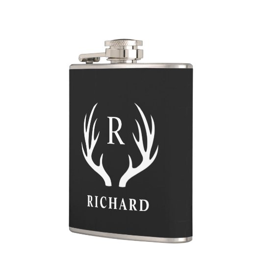 Angepasstes Monogramm mit Schwarz-weißem Hirschant Flachmann (Links)