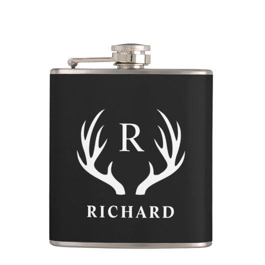 Angepasstes Monogramm mit Schwarz-weißem Hirschant Flachmann (Vorderseite)