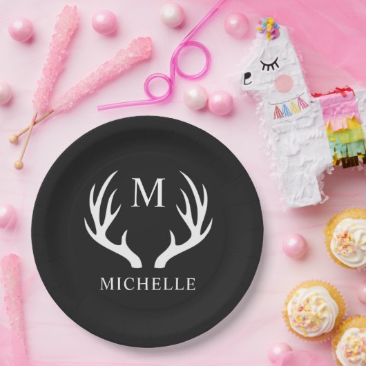 Angepasstes Monogramm mit Schwarz-weißem Hirschant Pappteller (Party)