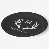 Angepasstes Monogramm mit Schwarz-weißem Hirschant Pappteller (Schrägansicht)