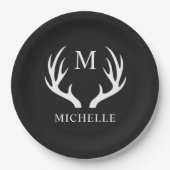 Angepasstes Monogramm mit Schwarz-weißem Hirschant Pappteller (Vorderseite)