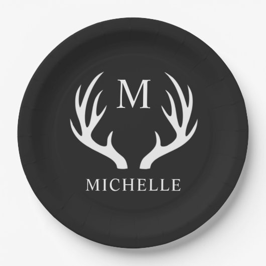 Angepasstes Monogramm mit Schwarz-weißem Hirschant Pappteller (Vorderseite)