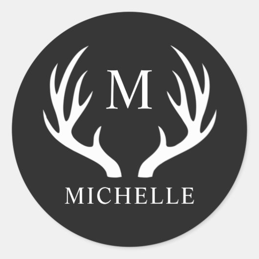 Angepasstes Monogramm mit Schwarz-weißem Hirschant Runder Aufkleber (Vorderseite)
