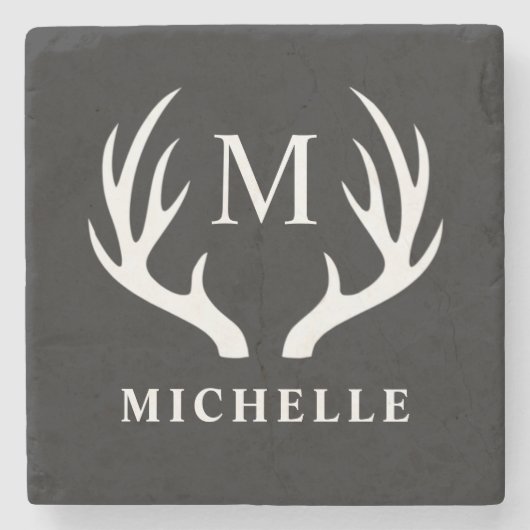 Angepasstes Monogramm mit Schwarz-weißem Hirschant Steinuntersetzer (Vorderseite)