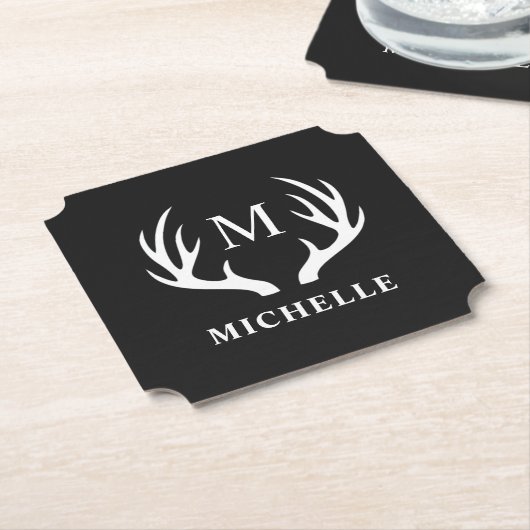 Angepasstes Monogramm mit Schwarz-weißem Hirschant Untersetzer (angewinkelt)