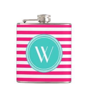 Angepasstes Monogramm rosa und Aquamarin gestriche Flachmann