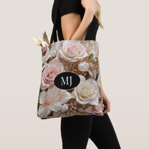 Angepasstes Monogramm rosa weißes Rosenflorentuch Tasche