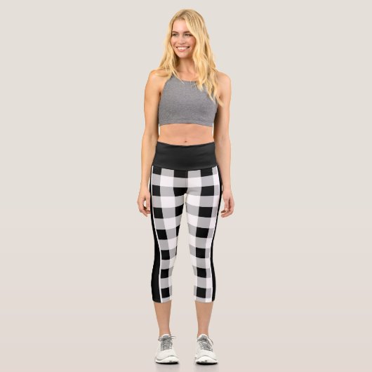 Angepasstes, Schwarz-weißes, grau-kariertes Muster Capri Leggings (Vorderseite)