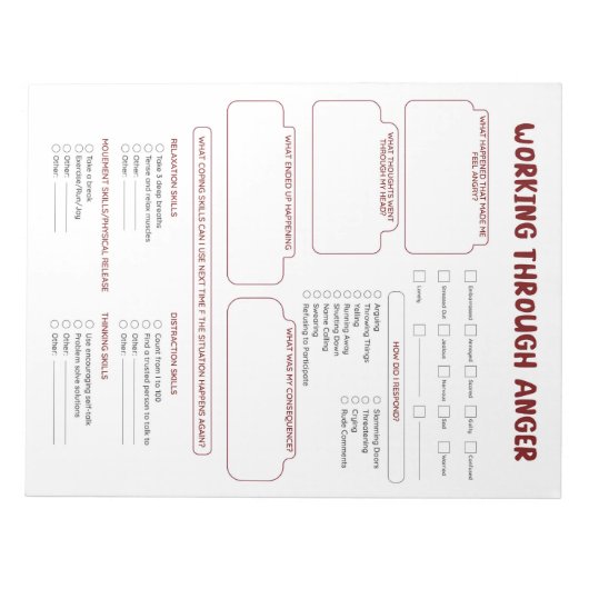 Anger Worksheet Notepad für Trauer und Wut Notizblock (Vorderseite)