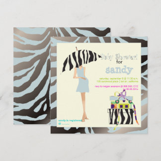 ANGESAGT MAMA, SILVERY BLUE ZEBRA BABY SHOWER INVI EINLADUNG