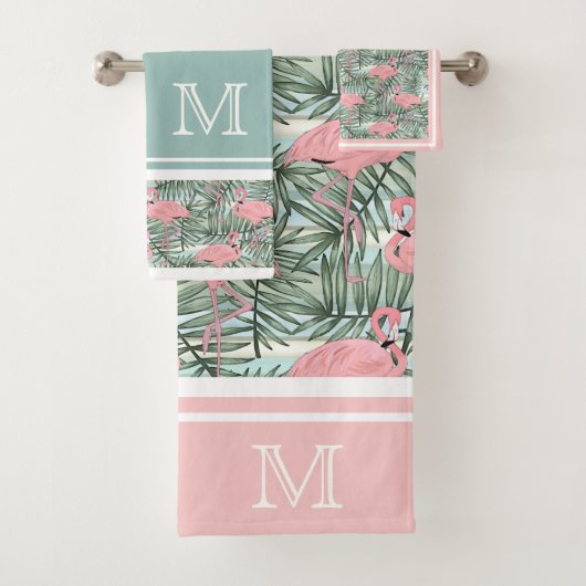 Angesagt rosa Flamingoes Palm Leafs Muster Custom Badhandtuch Set (Insitu)