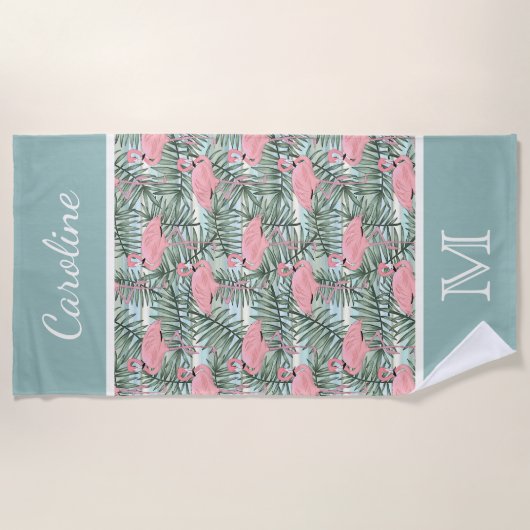 Angesagt rosa Flamingoes Palm Leafs Muster Custom Strandtuch (Vorderseite)