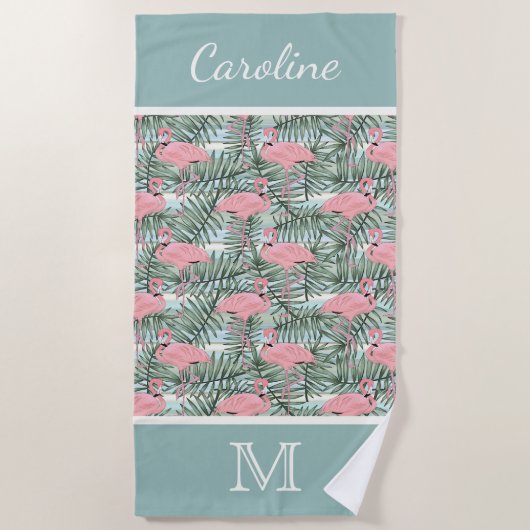 Angesagt rosa Flamingoes Palm Leafs Muster Custom Strandtuch (Vorderseite)