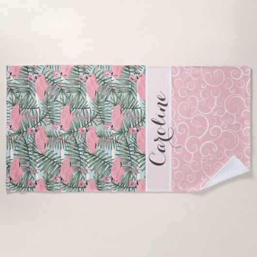 Angesagt rosa Flamingoes Palm Leafs Muster Custom Strandtuch (Vorderseite)