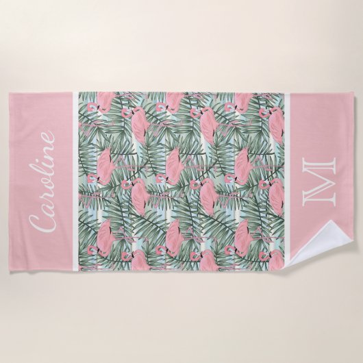 Angesagt rosa Flamingoes Palm Leafs Muster Custom Strandtuch (Vorderseite)