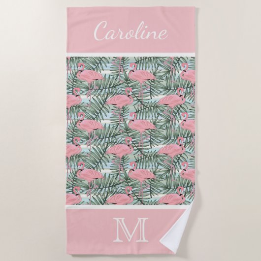 Angesagt rosa Flamingoes Palm Leafs Muster Custom Strandtuch (Vorderseite)