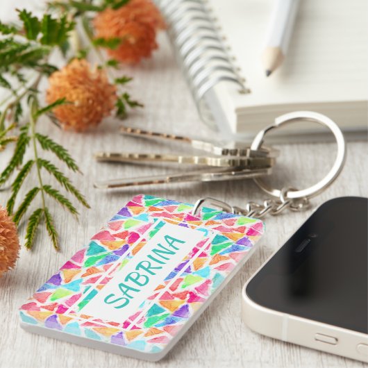 Angesagte Dreiecke Polygon Mosaik Wasserfarben Kun Schlüsselanhänger (Vorderseite rechts)