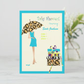 Angesagte Mama Baby Dusche/blaues Kleid/Leoparden Einladung (Stehend Vorderseite)