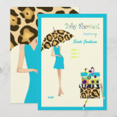 Angesagte Mama Baby Dusche/blaues Kleid/Leoparden Einladung (Vorne/Hinten)