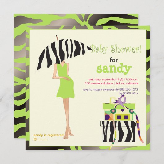 Angesagte Mama, Limettengrüne Zebra-Babydusche Einladung (Vorne/Hinten)