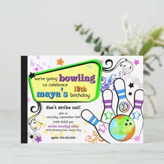 Angesagte und bunte Bowlings-Einladung Einladung (Stehend Vorderseite)