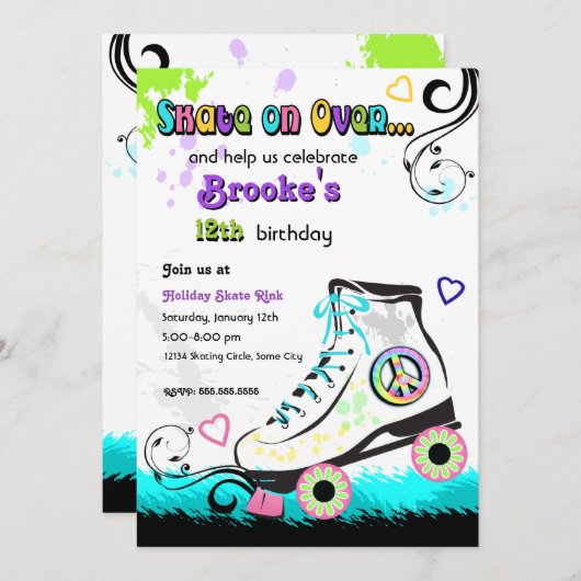 Angesagte und farbenfrohe Roller Skate Einladung (Vorne/Hinten)