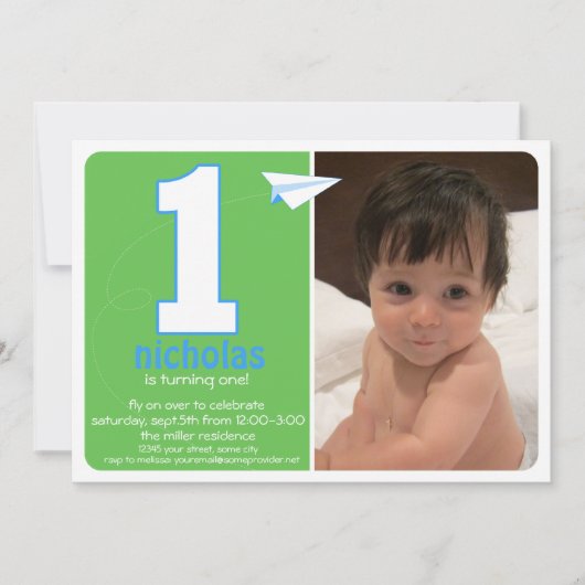 Angesagtes Papierflugzeug Einjähriges Foto Einladu Einladung (Vorderseite)