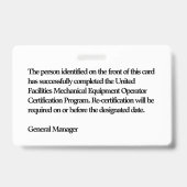 Angestellter 2 Forklift Company Ausweis (Rückseite)