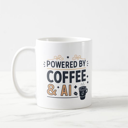 Angetrieben von Kaffee & AI Retro-Tech-Vektor Kaffeetasse (Links)