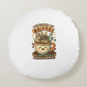 Angetrieben von Kaffee und KI Retro-Kaffee-Tech-Gr Rundes Kissen