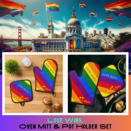Angewohnte 'Liebe gewinnt'. LGBT-Regenbogenflagge  Ofenhandschuh & Topflappen-Set