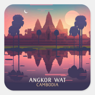 Angkor Wat Sunrise Cambodia Siem Reap Retro Quadratischer Aufkleber